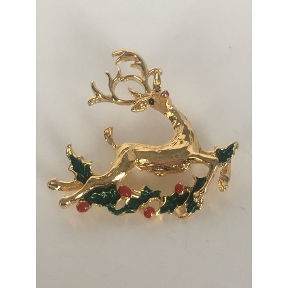 Vintage Leaping Reindeer Pin Brooch Christmas Holly Leaves Berries Holiday Gift - Picture 2 of 3